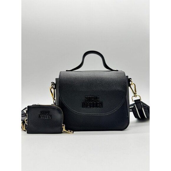 STEVE MADDEN flap satchel crossbody web strap + mini cardcase -Black 2 Piece set - Picture 1 of 11